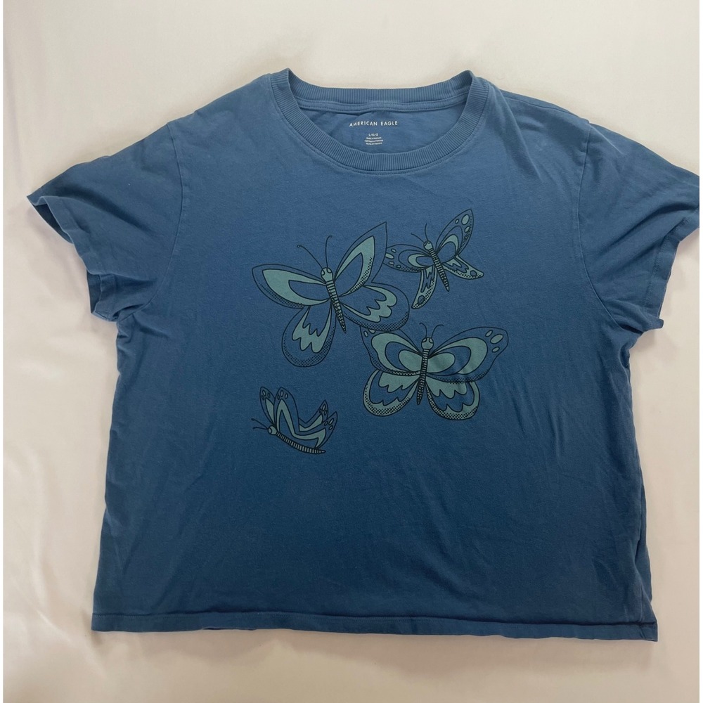 American Eagle Butterfly Graphic T-Shirt Blue Cotton Short Sleeve Boxy Top Large